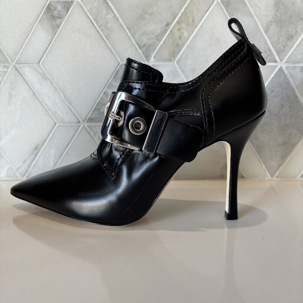 Larroude Sz 9 Black Shiny Boot Silver Buckle Stiletto Heel Heeled Stewart Bootie - Picture 7 of 11